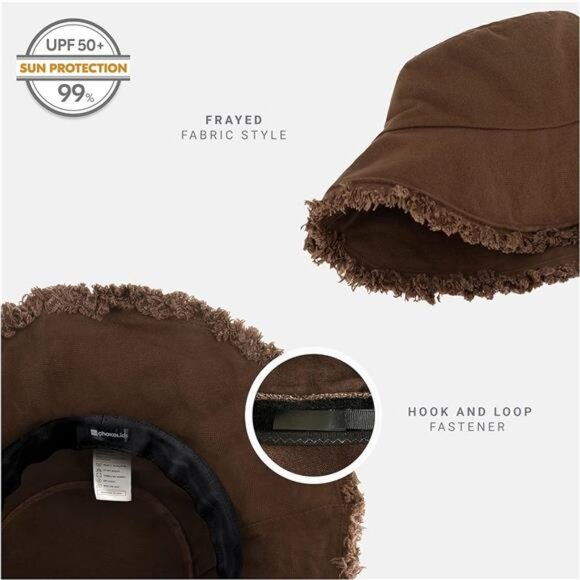 Unisex Frayed Bucket Hat Trendy Washed Cotton Floppy, Brown